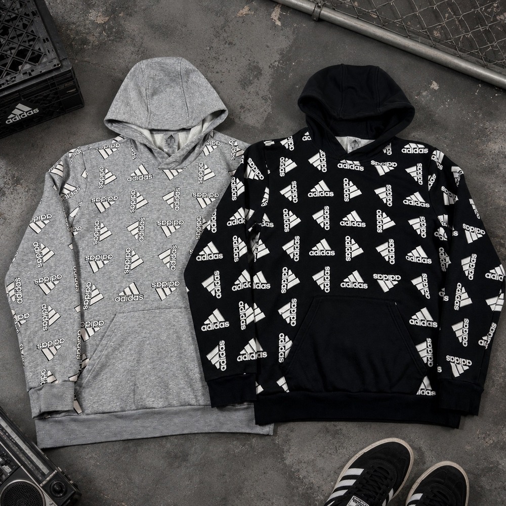 Adidas All Over Print Logo Hoodie Lot 2 Men M Black Grey Fleece Pullover H57074‎